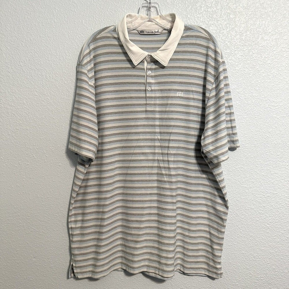 Travis Mathew Shirt Men's Size XXL Golf Polo Grey Blue White Striped Pima Poly